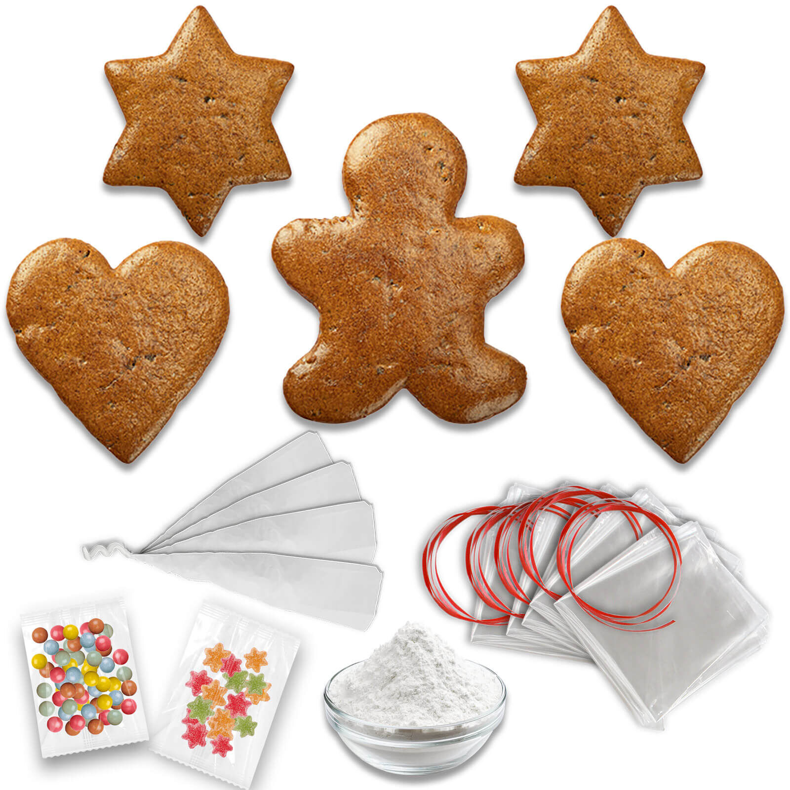 Lebkuchen Rohling Komplett Set - 5 Stück - Herz Stern Mann - inkl. Zubehör