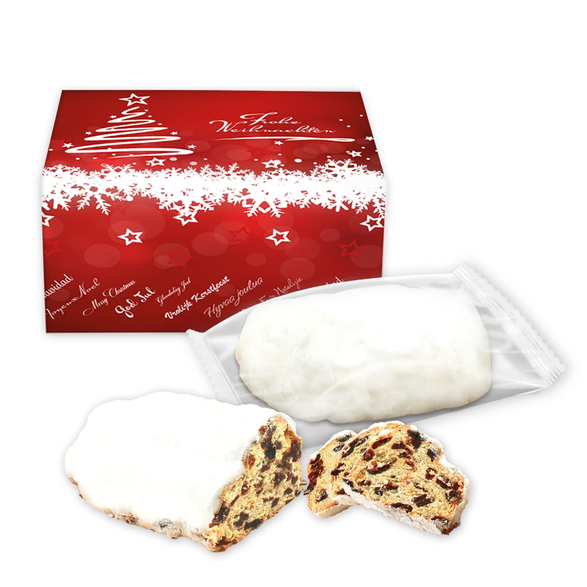 Mini Stollen mit weihnachtlicher Faltschachtel - Weihnachtsbaum - rot - 200g - versch. Sorten