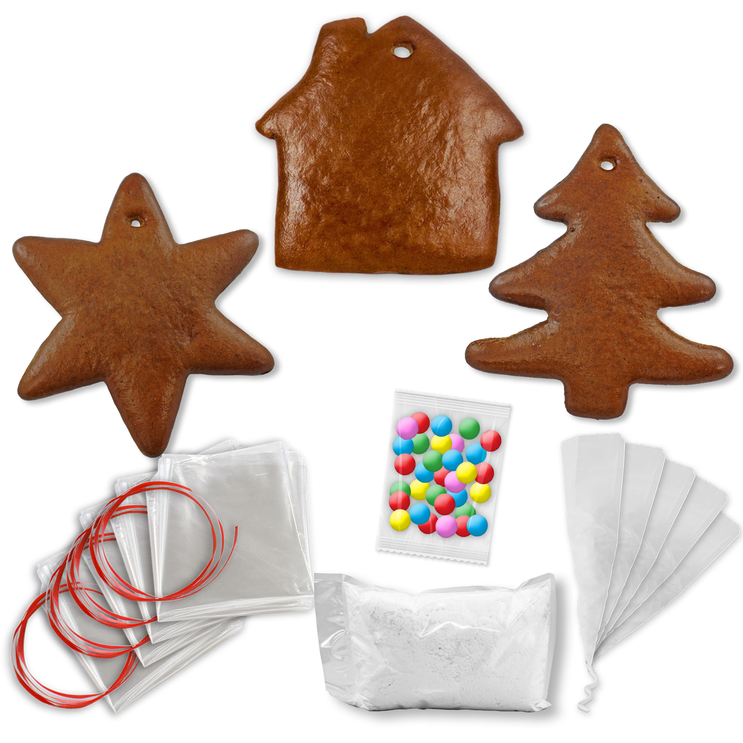 Lebkuchen Rohling Komplett Set -  15 Stück - Stern Tanne Lebkuchenhaus - 12cm - inkl. Zubehör