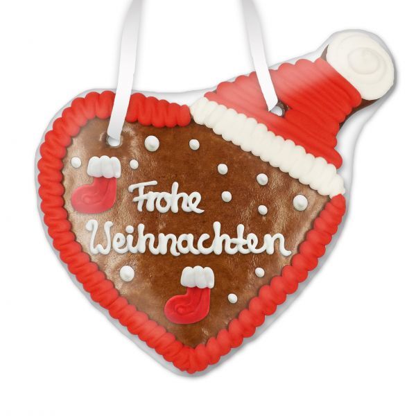Lebkuchenherz mit Weihnachtsmütze - Frohe Weihnachten - 16cm