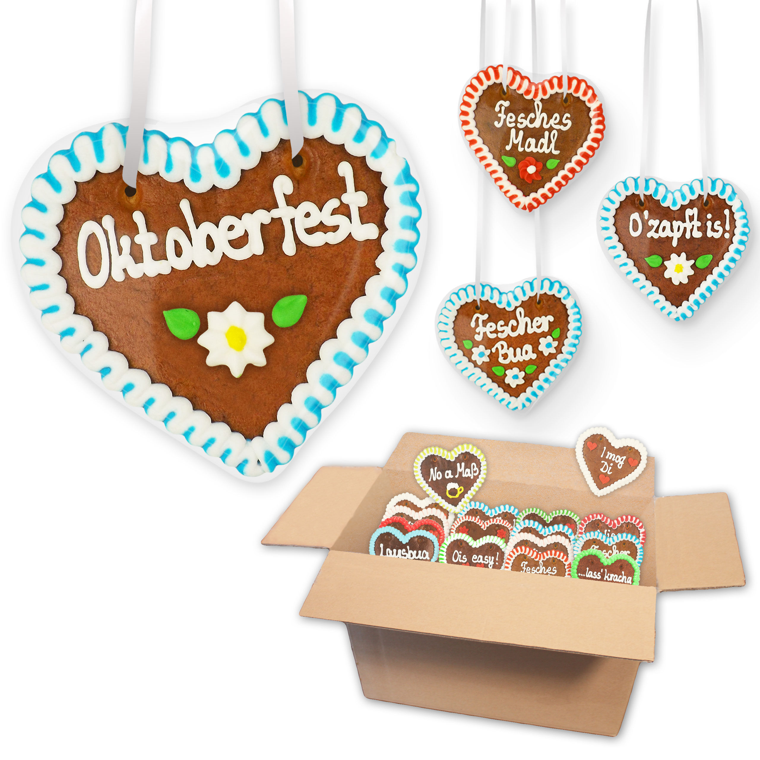 Lebkuchenherzen Mischkarton 12cm - Menge: wählbar - Oktoberfest Sprüche
