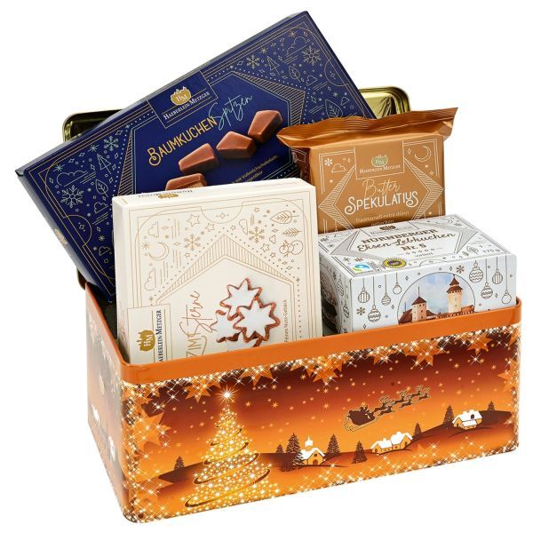 Weihnachtsmann Blechdose mit Gebäckspezialitäten