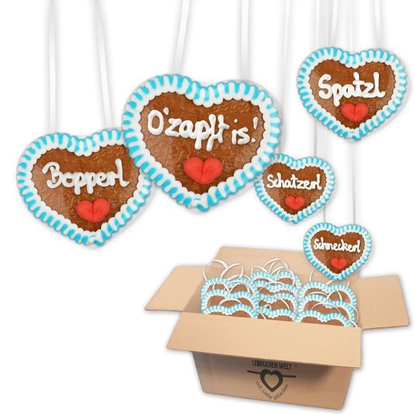 Lebkuchenherzen 8cm - Mischkarton Bayerische Oktoberfest Sprüche blau-weiß - 30 Stück