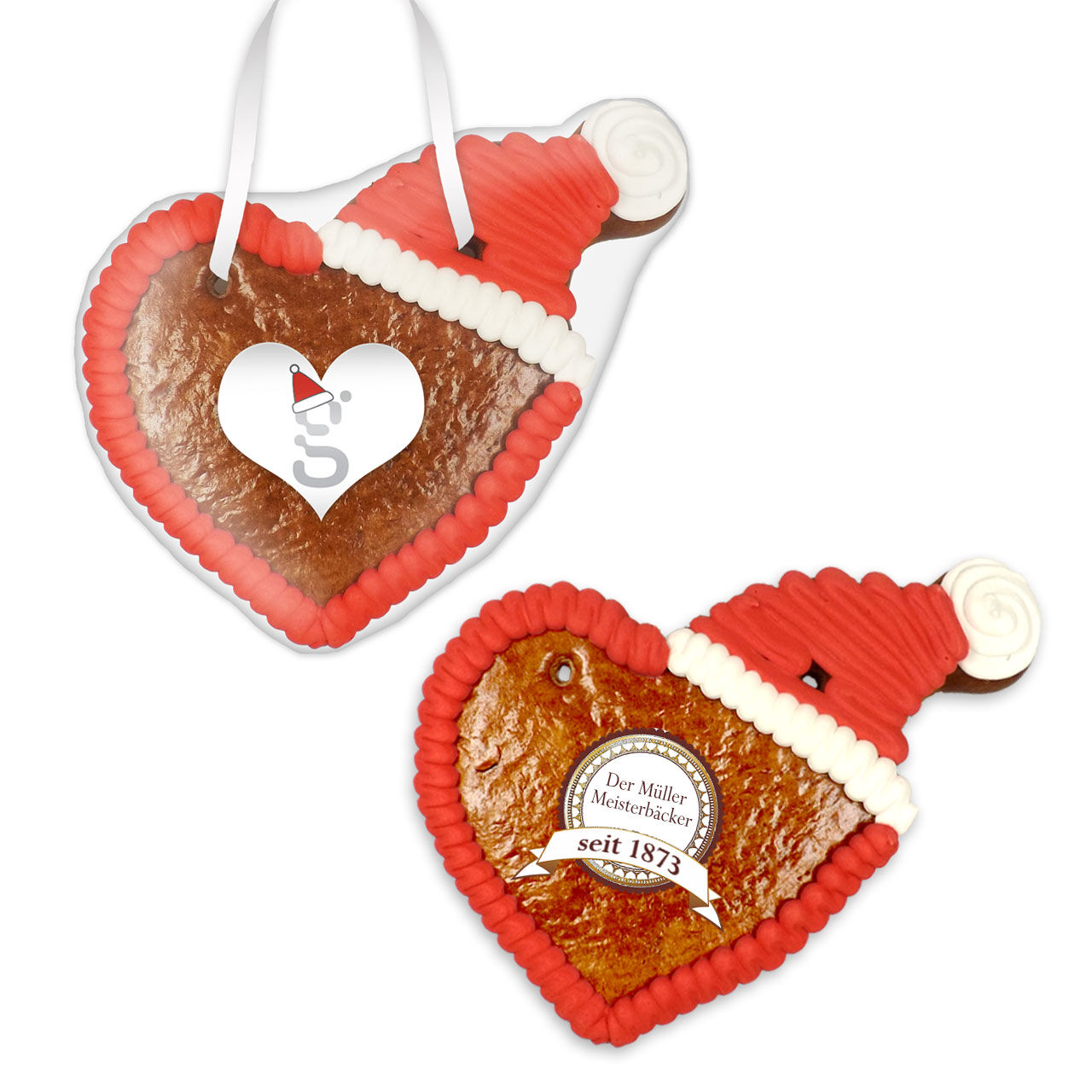 Lebkuchenherz mit Weihnachtsmütze personalisiert mit Logo - 12cm