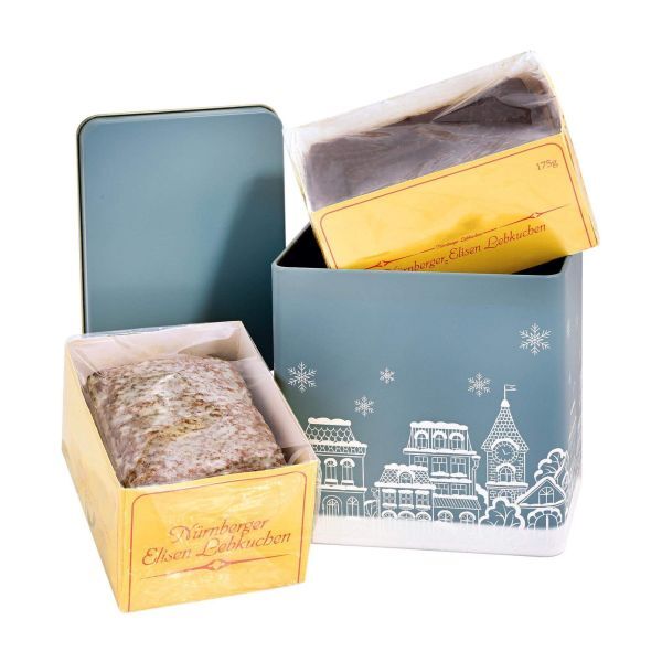 Weihnachtsdose mit eckigen Nürnberger Elisen Lebkuchen