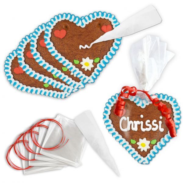 Lebkuchenherzen - Do it Yourself Set - 12cm - Design 1 - blau-weiß - 10 Stück