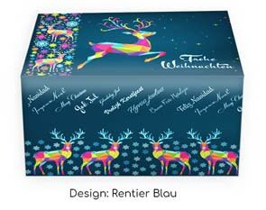 Blaue Geschenkbox für Süßgebäck mit Rentier und Frohe Weihnachten Schriftzug Blaue Geschenkbox für Süßgebäck mit Rentier und Frohe Weihnachten Schriftzug