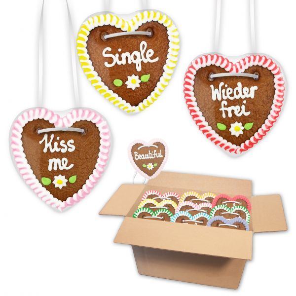 Lebkuchenherzen Mischkarton 10cm - Klassische Volksfest Flirt Sprüche - Menge wählbar