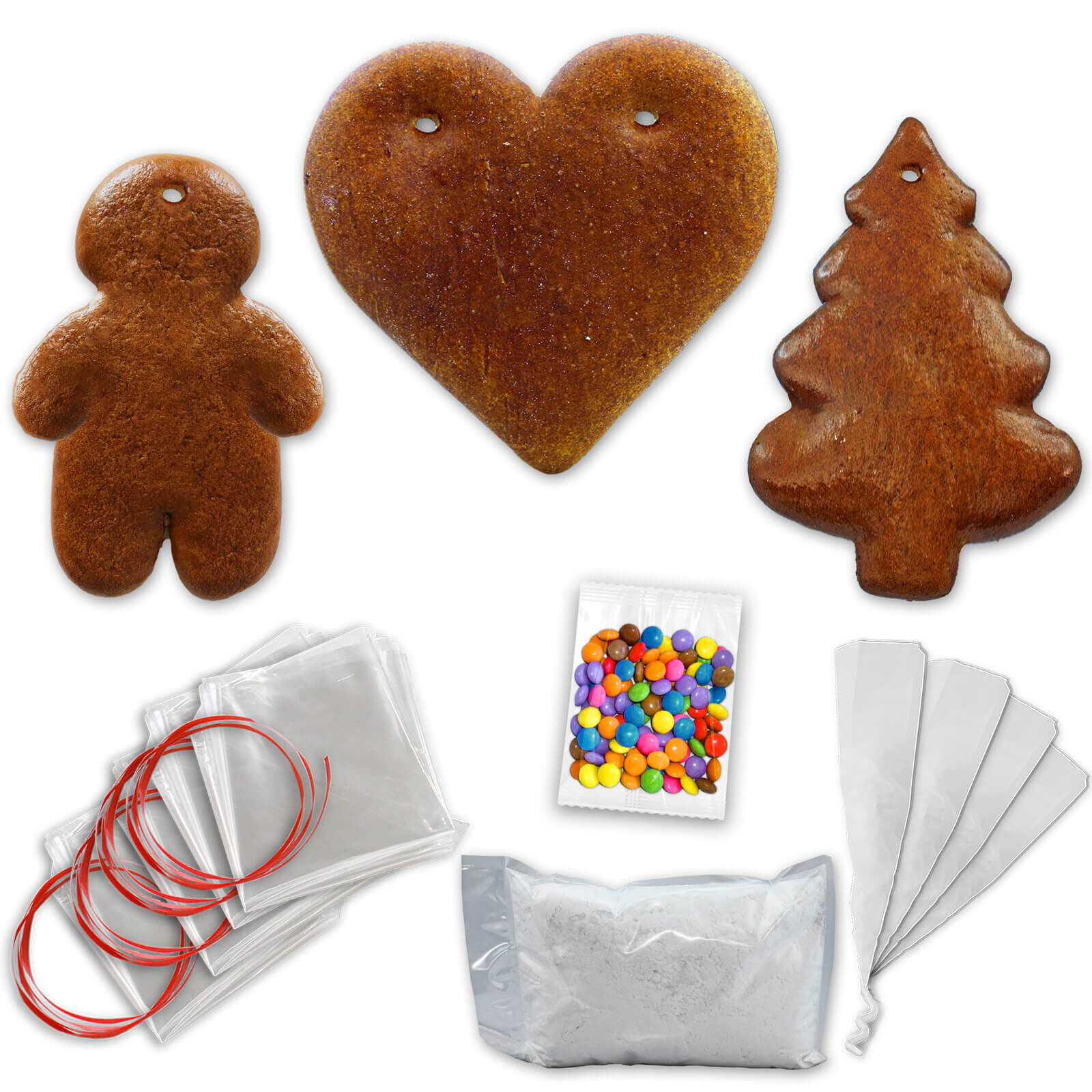 Lebkuchen Rohling Komplett Set -  15 Stück - Herz Tanne Mann - 12cm - inkl. Zubehör