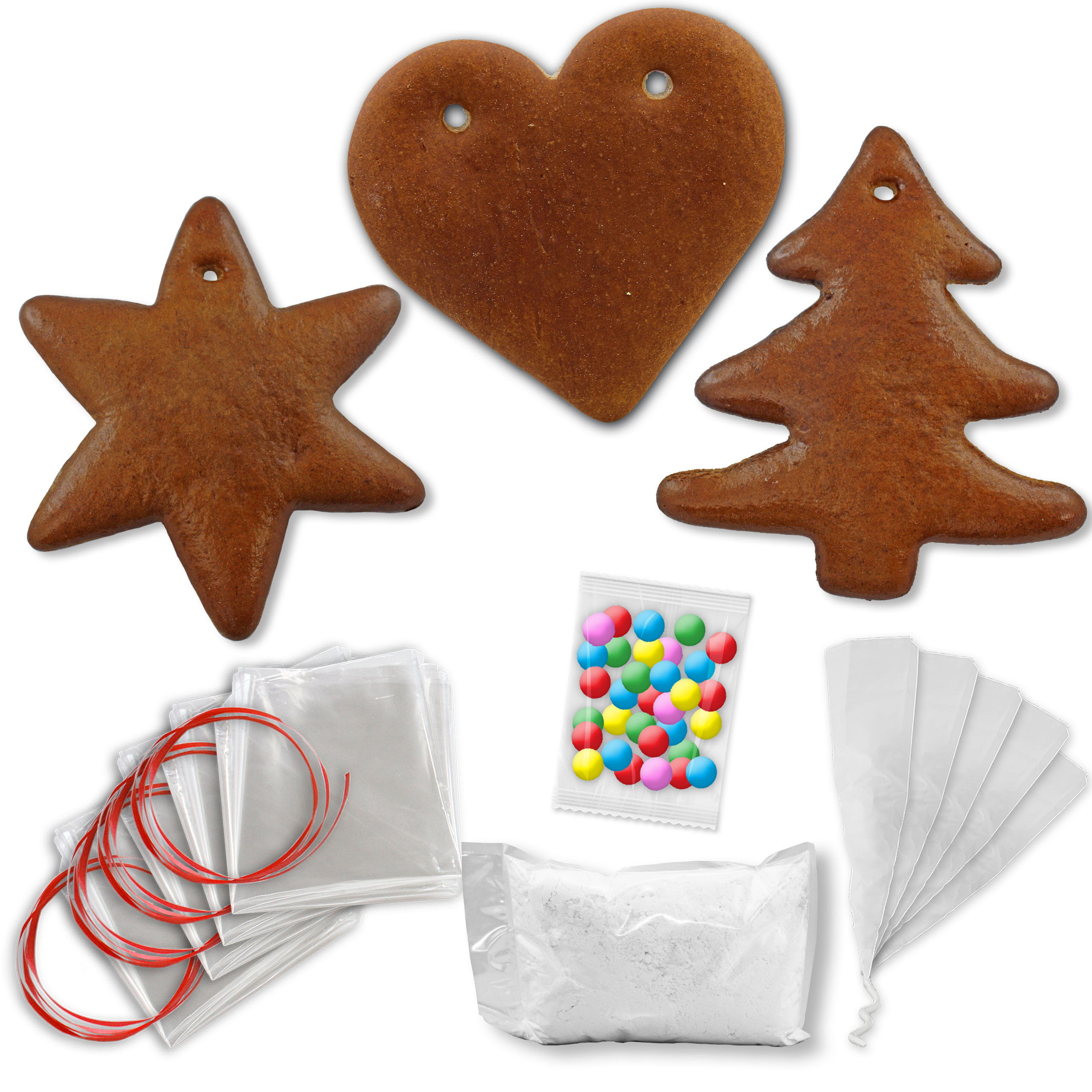 Lebkuchen Rohling Komplett Set -  15 Stück - Herz Stern Tanne - 12cm - inkl. Zubehör