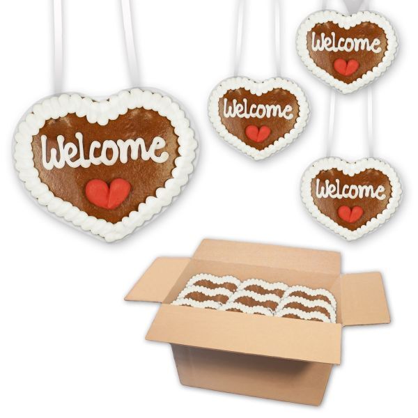 Lebkuchenherz 8cm - Welcome - Design 4 (weiß) - 30 Stück im Karton