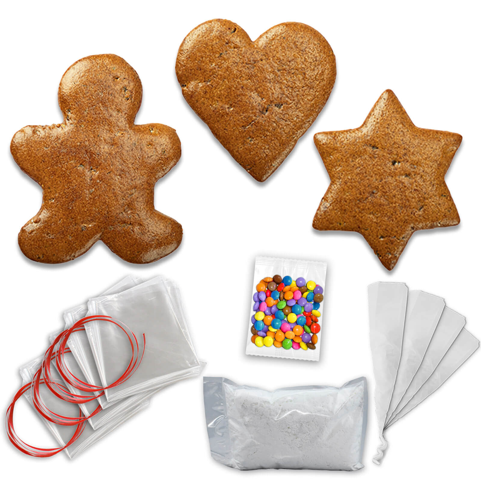 Lebkuchen Rohling Komplett Set -  15 Stück - Herz Stern Lebkuchenmann - 10cm - inkl. Zubehör