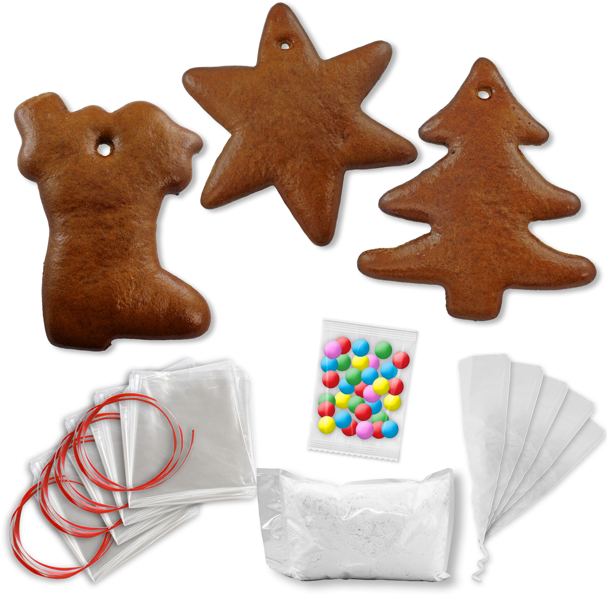 Lebkuchen Rohling Komplett Set -  15 Stück - Stern Tanne Stiefel - 12cm - inkl. Zubehör