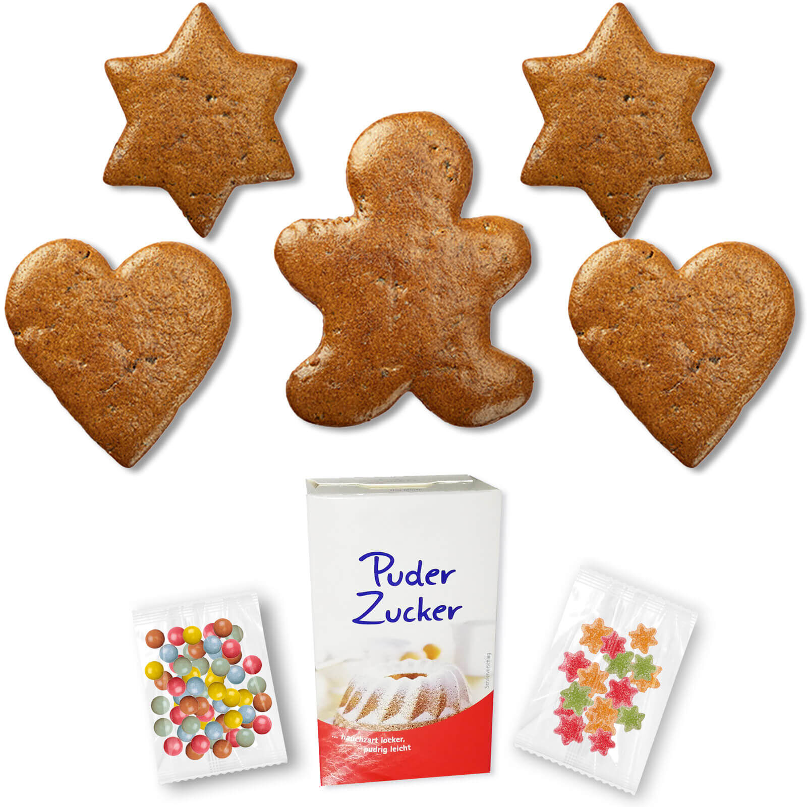 Lebkuchen Rohling Dekorier Set - 5 Stück - Herz Stern Mann - inkl. Dekorier-Zubehör