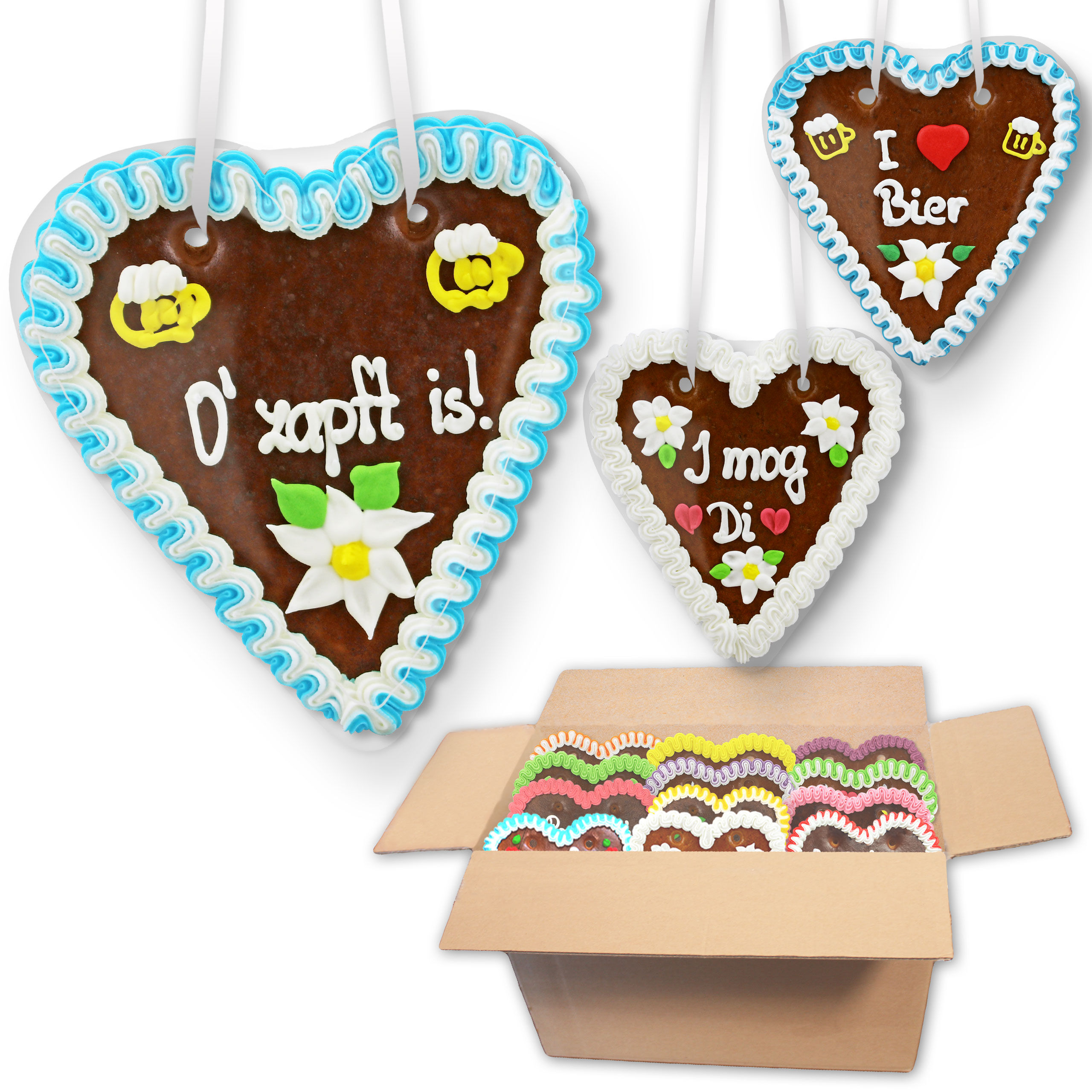 Lebkuchenherzen Mischkarton - 18cm - 20 Stück - versch. Themen