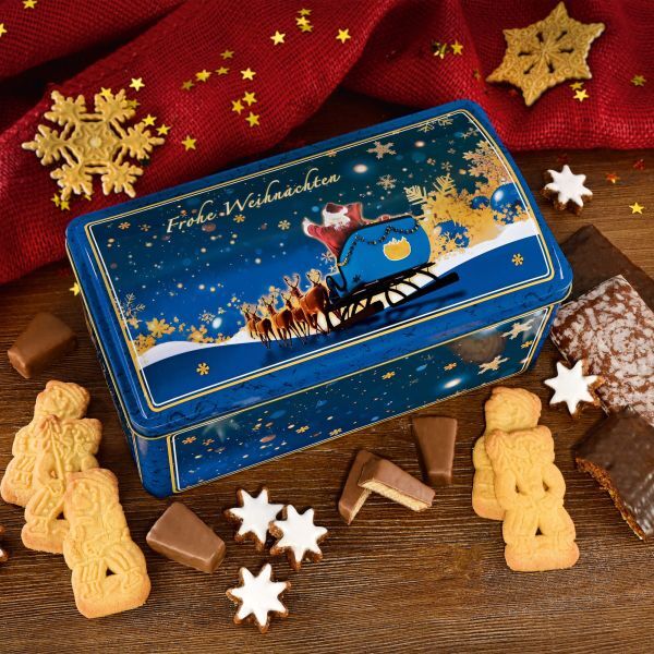 Weihnachtsmann Blechdose mit Gebäckspezialitäten