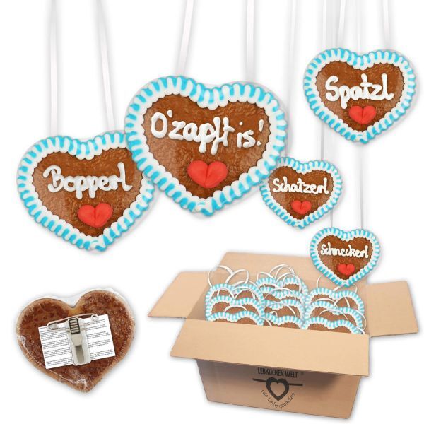 Lebkuchenherzen 8cm mit Anstecker - Mischkarton Bayerische Oktoberfest Sprüche blau-weiß - 30 Stück