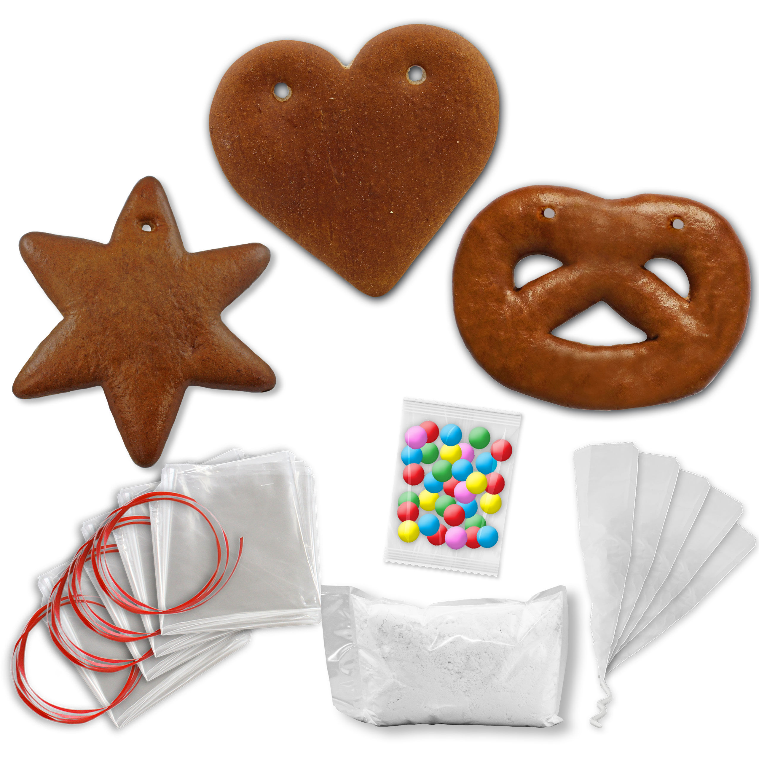 Lebkuchen Rohling Komplett Set -  15 Stück - Stern Brezel Herz - 12cm - inkl. Zubehör