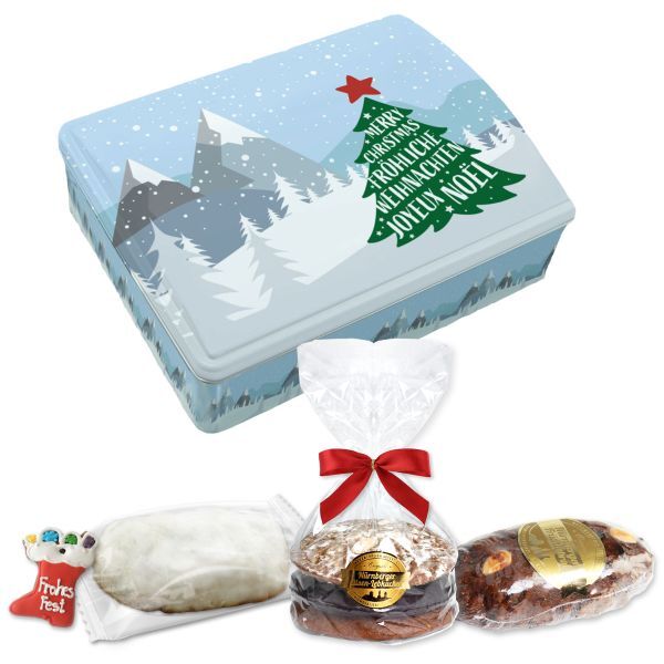 Weihnachtstruhe Fröhliche Weihnachten Winterlandschaft mit Christbaum - befüllt - ca. 715g