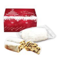 Vorschau: Mini Stollen mit weihnachtlicher Faltschachtel - Weihnachtsbaum - rot - 200g - versch. Sorten