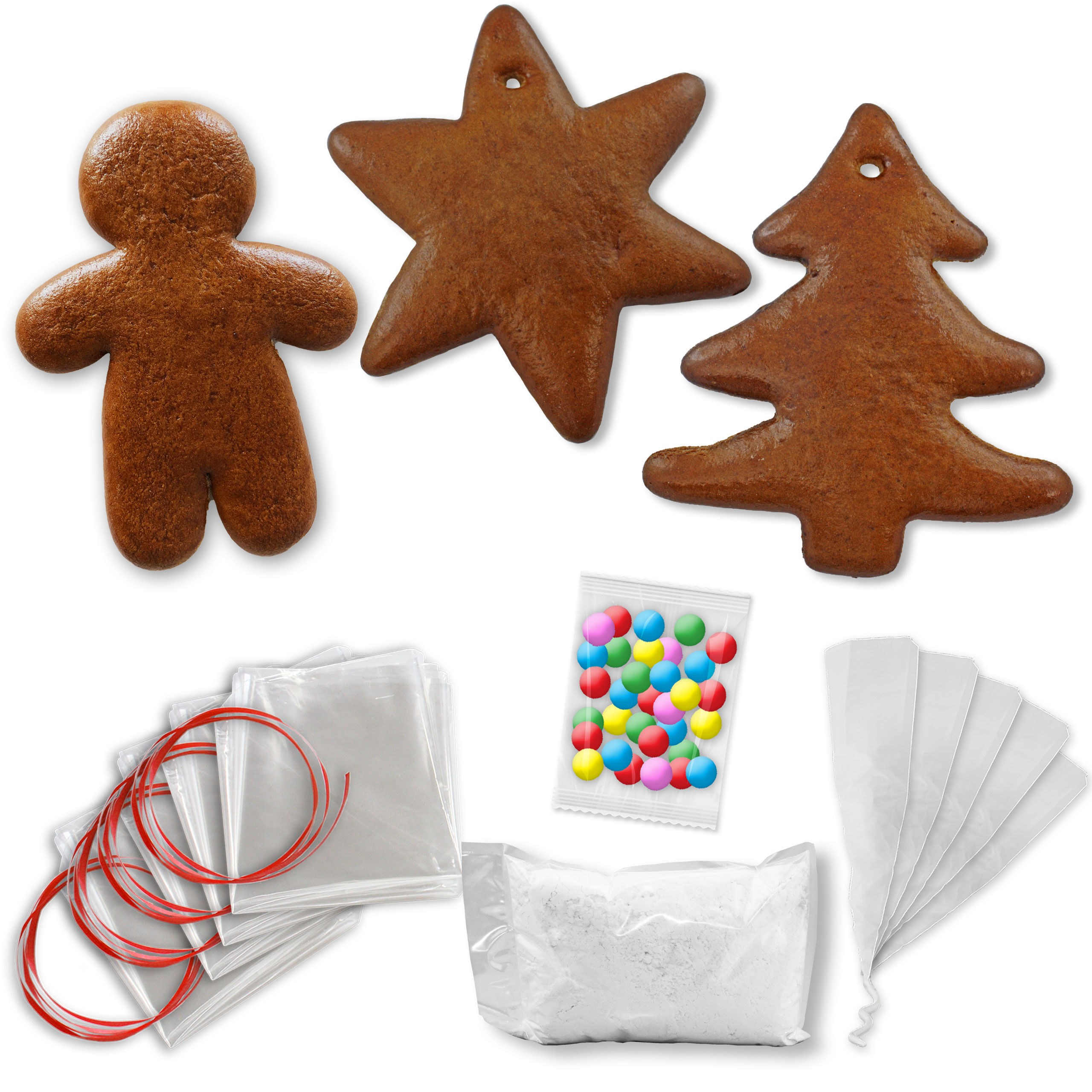 Lebkuchen Rohling Komplett Set -  15 Stück - Stern Tanne Lebkuchenmann - 12cm - inkl. Zubehör