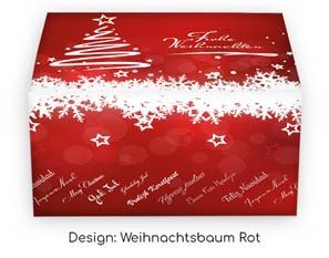 Rote Geschenkbox für Süßgebäck mit Weihnachtsbaum und Frohe Weihnachten Schriftzug Rote Geschenkbox für Süßgebäck mit Weihnachtsbaum und Frohe Weihnachten Schriftzug