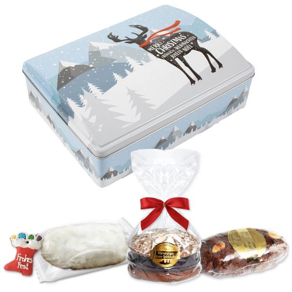 Geschenktruhe Fröhliche Weihnachten Winterlandschaft mit Rentier - befüllt - ca. 715g