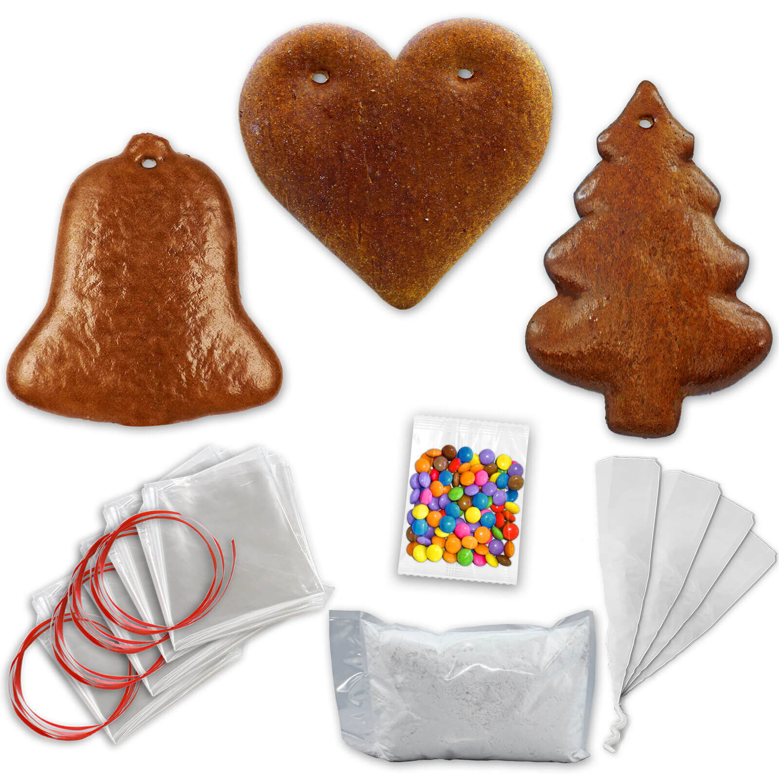 Lebkuchen Rohling Komplett Set -  15 Stück - Herz Tanne Glocke - 12cm - inkl. Zubehör